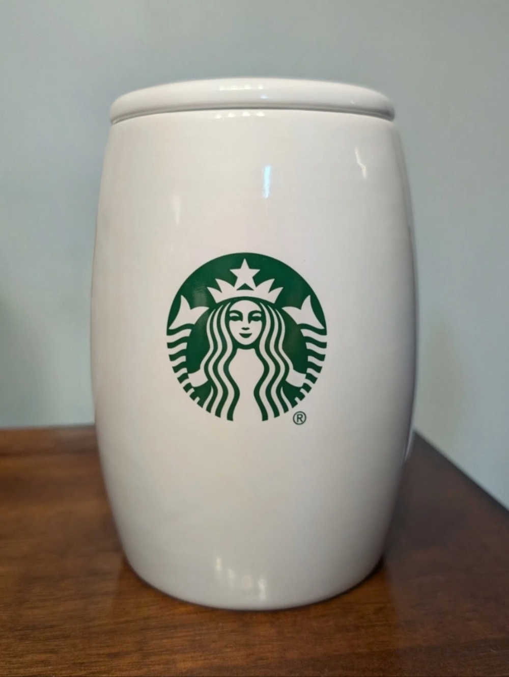 Starbucks Ceramic Coffee Canister Cookie Jar Mermaid Logo 2017 White Green  RARE